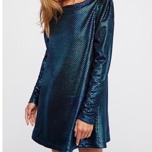 Free People Iridescent Teal Long-Sleeve Shift Dress